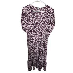 A New Day Dress Women's Large V-Neck Sheath Short Sleeve Cheetah Midi Summer
